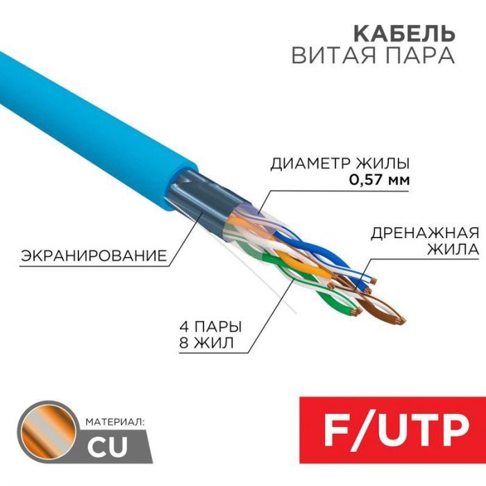 Кабель витая пара F/UTP 4х2х23AWG кат.6 solid CU PVC син. (м) Rexant 01-0147