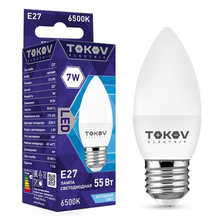 Лампа светодиодная 7Вт С37 6500К Е27 176-264В TOKOV ELECTRIC TKE-C37-E27-7-6.5K