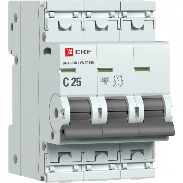 Выключатель автоматический 3п C 25А 6кА ВА 47-63N EKF PROxima EKF M636325C